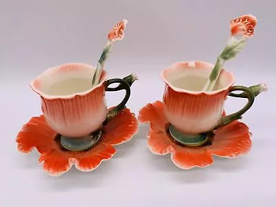 Buy Set Of 2 Royal Porcelain Red Poppy Cups & Saucers With Spoons Floral Franz Style • 96.11£
