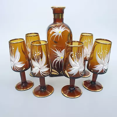 Buy Vintage Midcentury Hand Painted Amber Decanter Shot Glasses Vintage Barware  • 45£