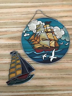 Buy Vintage?? Leaded/metal Stained Glass Suncatcher Ship Bundle Of 2 Nautical Boat • 19.99£