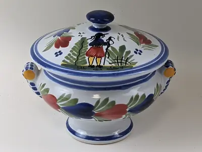 Buy Quimper Faience  Individual Covered  Soup Bowl With Breton Man /  Blue Mistral • 38.48£