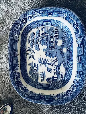 Buy Antique Blue & White Transfer Ware Willow Pattern Platter #223 • 0.99£