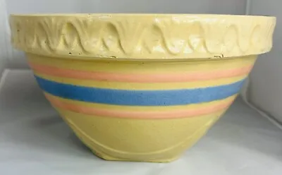 Buy Early McCoy Pottery Yellow Ware Pink Blue Stripe Bowl Pie Crust Rim USA 9.5” VTG • 47.18£