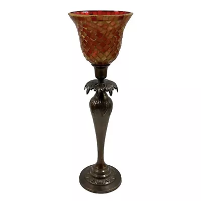 Buy 14  Tall Red Gold Mosaic Hurricane Glass Candle Holder & Brass Pedestal Holder • 28.72£