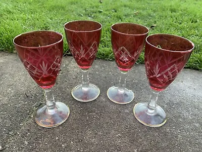 Buy 4x Vintage Red Cut To Clear Crystal Sweet Wine Sherry Goblets Bohemia Patterned • 29.99£