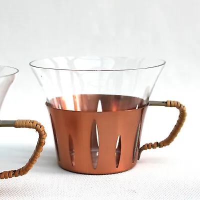 Buy Vintage 1960s Schott & Gen Style 6 Copper And Rattan Glass Tea Cups • 42£