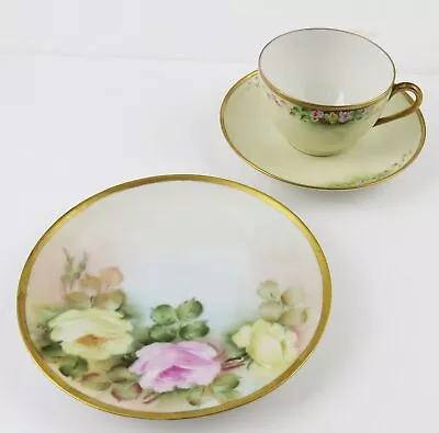 Buy French Limoges Bavarian Hand Painted Pink & Yellow Rose Trio Multiple Available • 33.52£