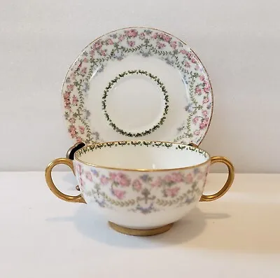 Buy J Pouyat Limoges France Bouillon Cup And Saucer Pink Blue Flowers Green Leaves • 23.97£