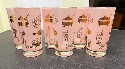Buy Vtg MCM Pink & Gold High Ball Party 8 Oz Glasses Tumblers Set Of 6 • 75.78£
