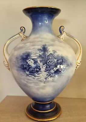 Buy George Jones & Sons Stoke Crescent Twin Handled Vase Flow Blue Scene Gilded 11   • 60£