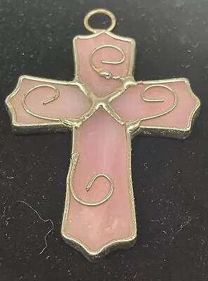 Buy 3” Stained Glass Cross Ornament Window Hanger Pink Glass Silver Wire Work • 18.97£