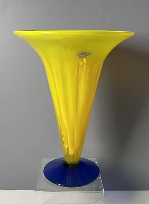 Buy Vintage MCM Blenko Trumpet Vase Handcrafted Yellow And Cobalt Blue 11” • 89.91£