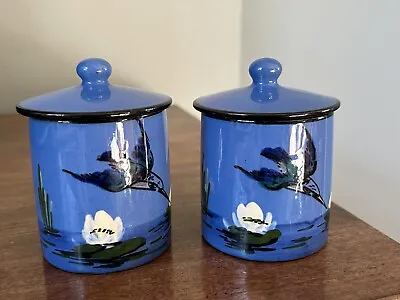 Buy 2 X VINTAGE WATCOMBE Pottery Blue Kingfisher Pattern Jam Pots With Lids • 20£