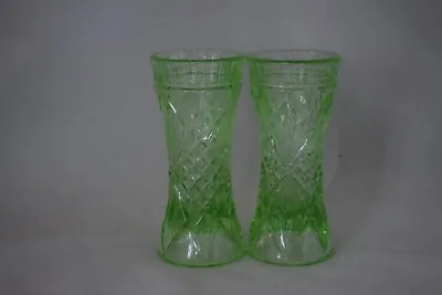 Buy Pair Of Art Deco Green Pressed Glass Vases • 8.99£