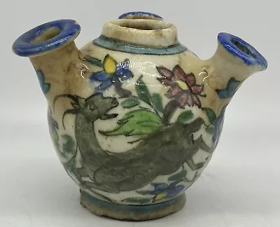 Buy Antique Persian Qajar Hand Painted Tulip Vase, Deer Or Goat & Flowers, Pottery • 188.80£