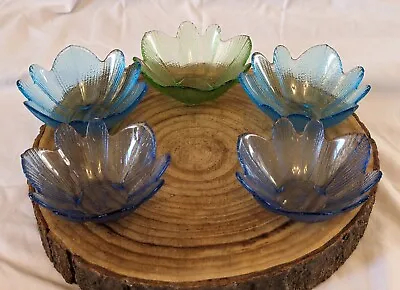Buy Set 5x Vintage Glass Afibel Dessert Bowls Dishes Blues Green 1970s Lotus Flower • 19.95£