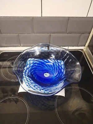 Buy Langham Glass Blue Clear Handmade Large Round Wavey Glass 12  Bowl. Signed.  • 25£
