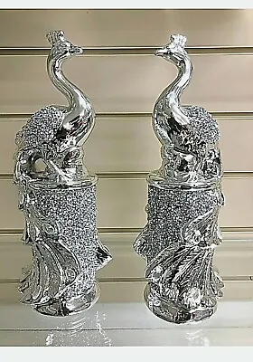 Buy Crushed Diamond Peacock Crystal Silver Shelves Display Ornament Bling Set Of 2 • 19.99£