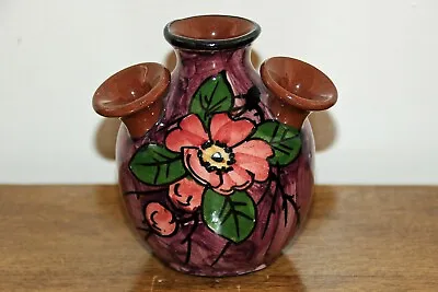 Buy Longpark Torquay Pottery Three Funnelled Mauve Decorated Flower Vase • 7£