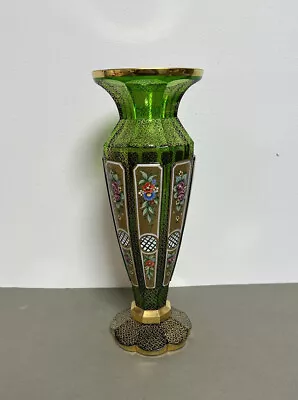 Buy Antique Bohemian Green Glass Vase, Hand Painted Floral Panels, Gilding, Moser? • 299£
