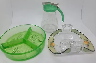 Buy Vintage 1950s Lot 3 Mid Century Glassware: Painted Bowl, Vaseline Glass, Pitcher • 71.12£