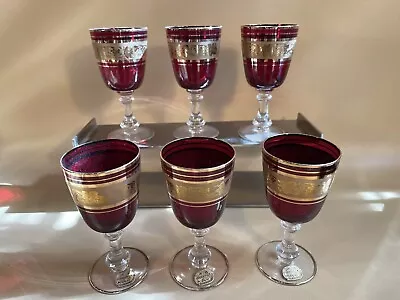 Buy Vintage 6 Czech Bohemian Ruby Red Gold Footed Cordial Glasses Barware  • 62.33£