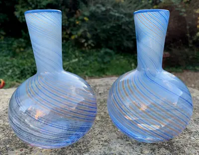 Buy Vintage Scandinavian Pair 1980s Dansk Art Glass Threaded Blue Swirl Vases • 49.99£