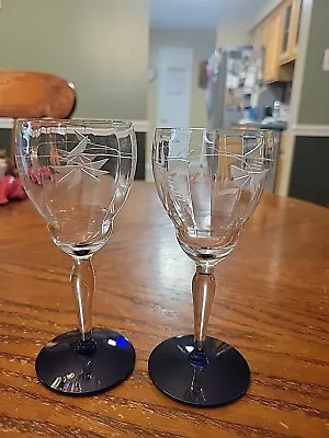 Buy Weston Wine Glasses (2) Cobalt Blue Foot Optic Glass Etched Floral Vintage  • 22.09£