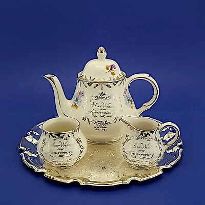 Buy Vintage Arthur Wood Silver Wedding 5506 Teapot, Jug, Sugar Bowl & Metal Tray • 9.99£