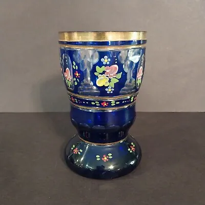 Buy Bohemian Czech Cut To Clear Cobalt Blue Glass Vase Gold Trim Hand Painted • 47.95£