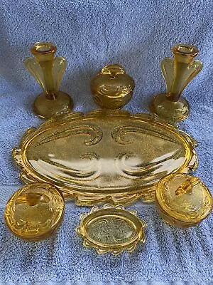 Buy Vintage Dressing Table Set Amber Coloured Glass Tray Dish Pots & Candle Sticks • 30£