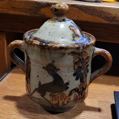 Buy Mexican Folk Art Pottery Covered Sugar Bowl Brown/Orange Drip Glaze W/Deer • 14.43£