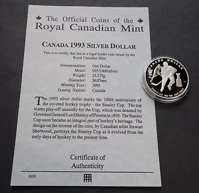 Buy 1993 Canada SILVER PROOF $1 Dollar. STANLEY CUP. Royal Canadian Mint. COA. • 32.50£