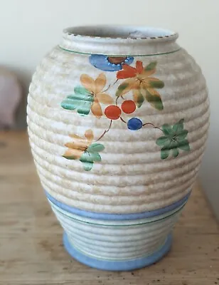 Buy Vintage Art Deco Decoro Large Ribbed Vase Decorated Leaves Berries 24cm Height • 9.99£