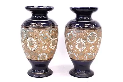 Buy Pair Of Vtg DOULTON & SLATERS LAMBETH Stoneware Floral Design VASES 11.5  -E08 • 24£