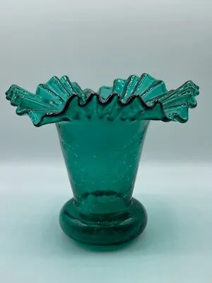 Buy Vintage Beacon Glass Teal Green Crackle Crimped Tulip Vase 8  • 48.26£