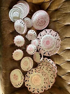 Buy Vintage Vestal Alcobaca Portugal Reticulated Pink White Wall Plate Set Of 25 • 135£