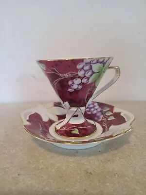 Buy NAREMOA Fine Porcelain Footed Tea Cup And Saucer Set Stylized Maroon Pink Grapes • 17.52£