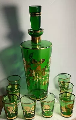 Buy Czechoslovakia Bohemian Glassware Cordial Set Green With Gold Leaves • 64.04£