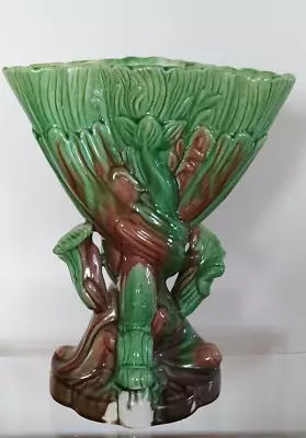 Buy Antique Majolica Green And Brown - Hand-Painted -  Sea Serpent Vase • 28.99£