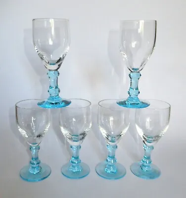 Buy Set Vintage Sherry Liqueur Glasses W/Clear Bowls And Light Blue Knopped Stems X6 • 12.99£