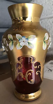 Buy Bohemian Gold Enamel Floral Cranberry Red Glass Vase • 18£