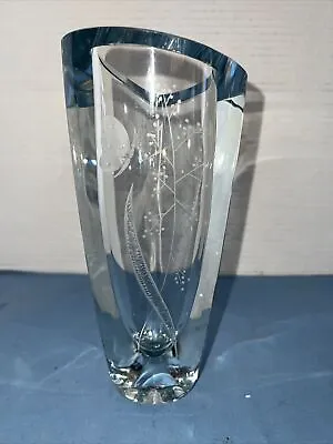 Buy Swedish Art Glass Crystal Vase Strombergshyttan Signed ETCHED BUTTERFLY FLORAL • 75.90£