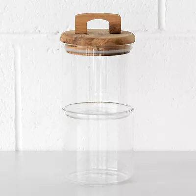 Buy Stackable 2 Tier Small Glass Storage Canister Jars With Wooden Airtight Lid Pot • 12£