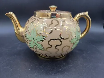 Buy Vintage Gibsons Gold Luster Red Clay Redware Teapot Beige Green Leaves • 33.78£