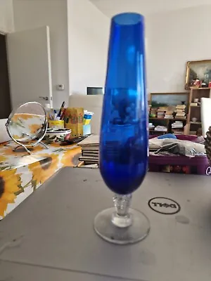 Buy Vintage Enesco Hand Blown Cobalt Blue Glass Vase With Clear Swirl Stem 8 Tall • 27.99£