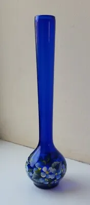 Buy Cobalt Blue Glass Bud Vase With Hand Painted Flower Decoration - 9  (23 Cm) Tall • 6£