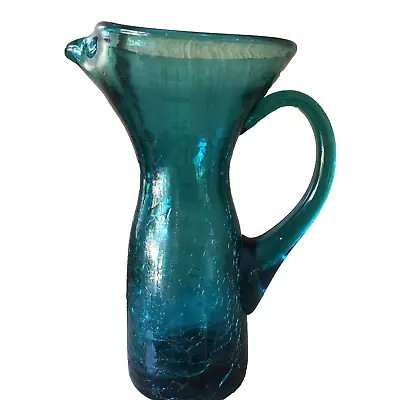 Buy Vtg. MCM Kanawha Crackle Glass Vase Pitcher Jug Creamer Teal Blue Applied Handle • 12.53£