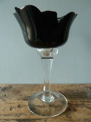 Buy Wine Stemmed Black Flower Glass Tealight Candle Holder - 16.5cm High • 4.50£
