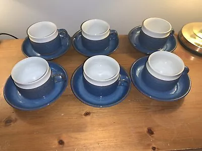 Buy Denby Chatsworth Cup And Saucer 6x Set Good 1976-82 Blue White 1/3 Pint 2.5 In • 29.99£