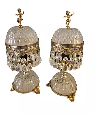 Buy French Vintage Pair Of Glass Boudoir Brass Lamps With Putti Final 1970s • 129£